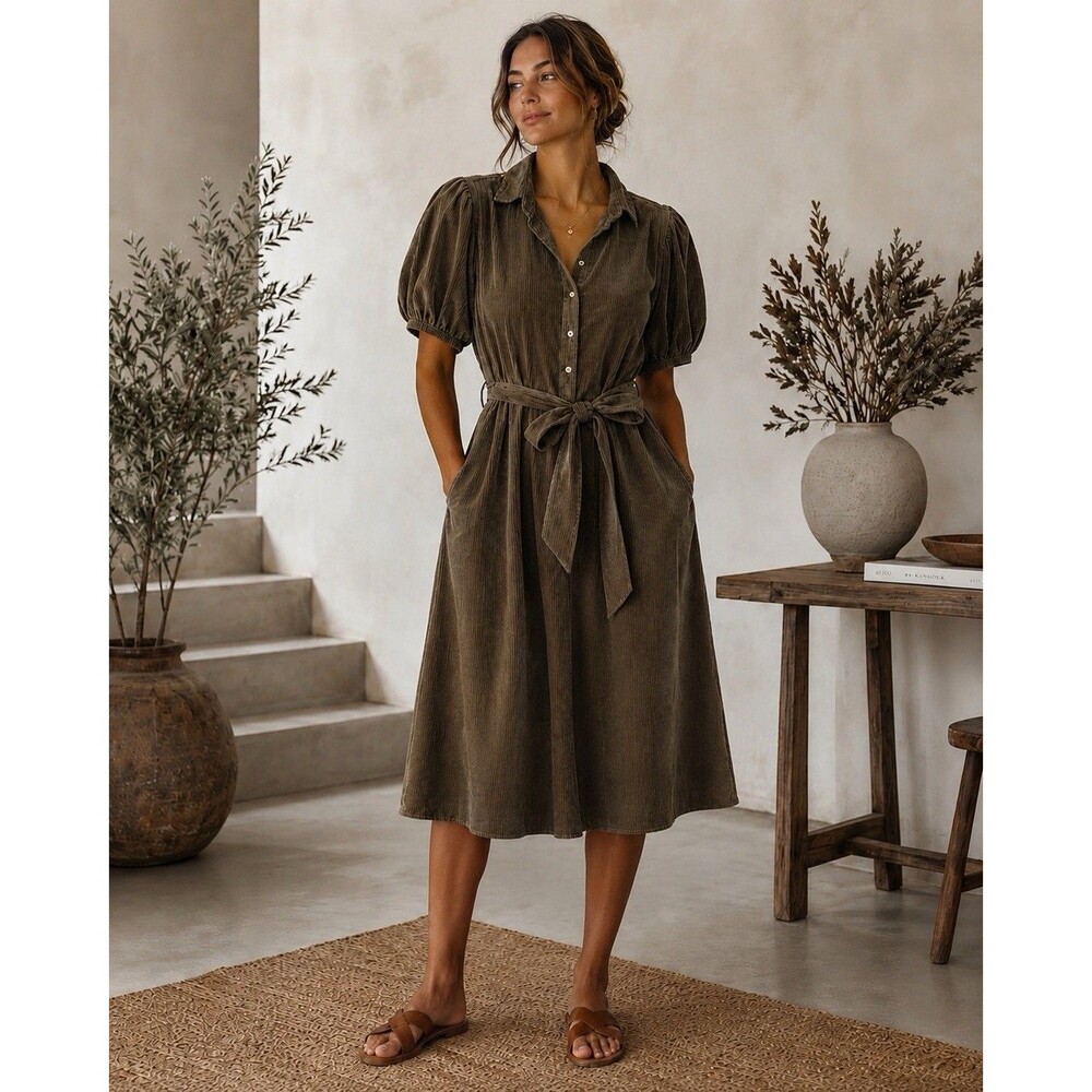 Velvet By Graham & Spencer Women Olive Green Corduroy Button UpShirt Dress M USA